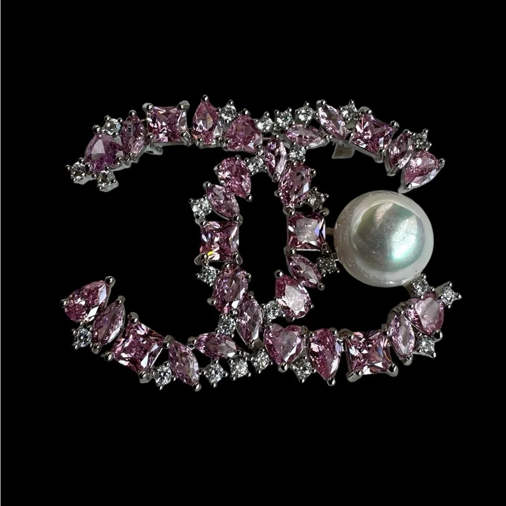 CHANEL Pink Crystal Pearl CC Logo Brooch in Silver Tone